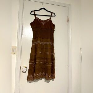 Michelle Antonella 100%‎ Silk Brown Beaded Embroidered Midi Dress – Size 14 y2K